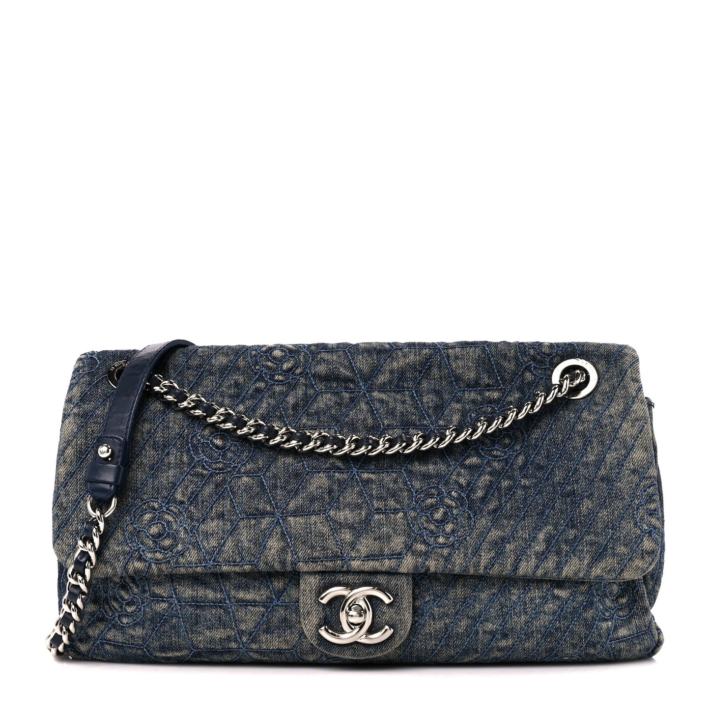 Denim Quilted Camellia Embroidered Large Flap Blue