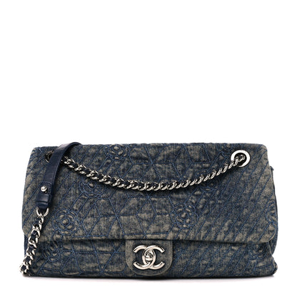 Chanel Denim Quilted Camellia Embroidered Large Flap Blue 1 of 11