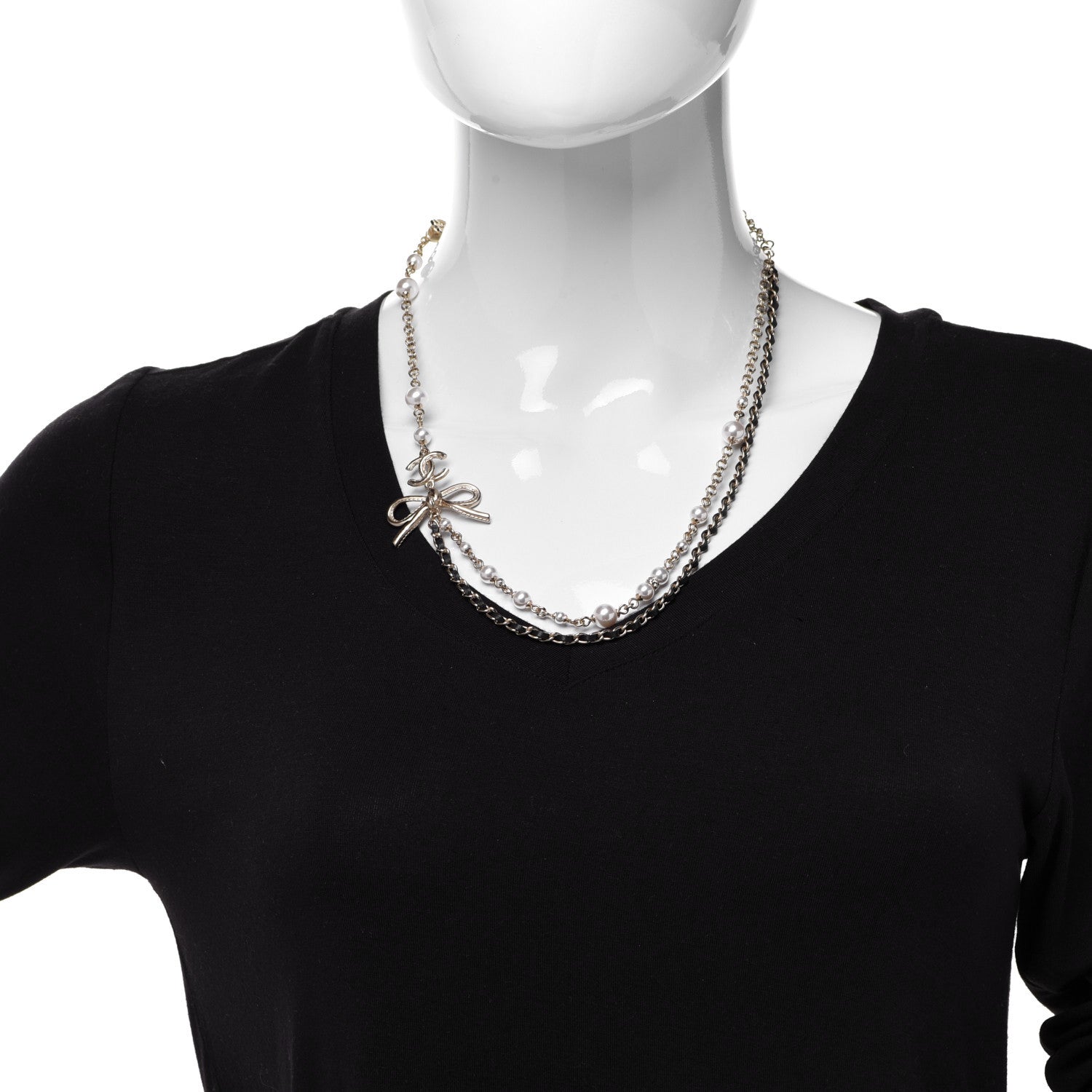 Chanel Calfskin Pearl Metal CC Bow Necklace Gold White Black 1 of 5