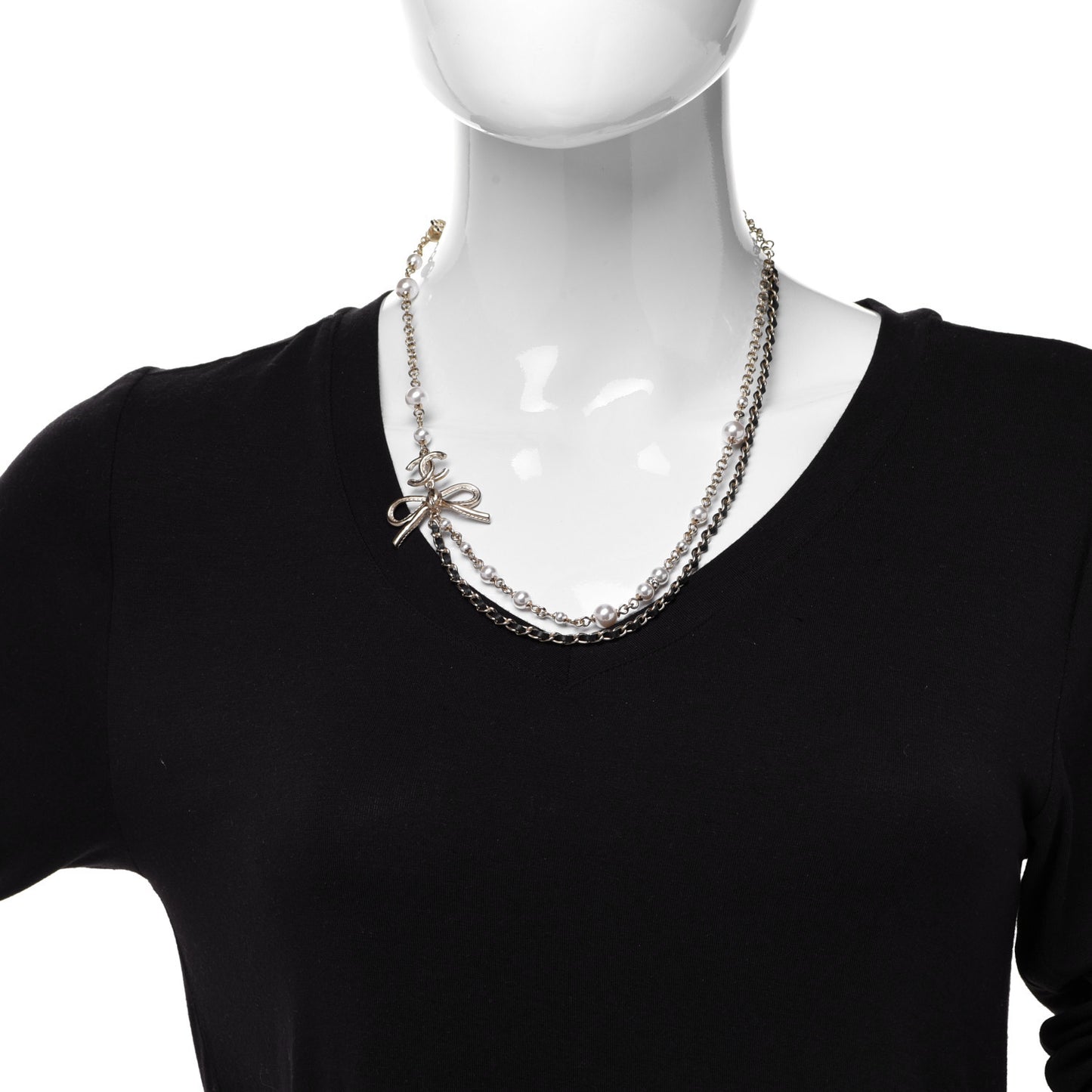 Calfskin Pearl Metal CC Bow Necklace Gold White Black