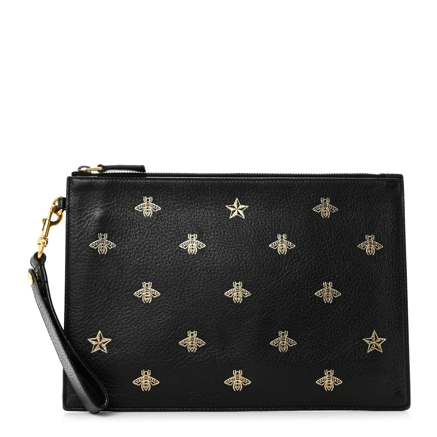 Dollar Calfskin Boar Effect Bee Star Zip Wristlet Pouch Black
