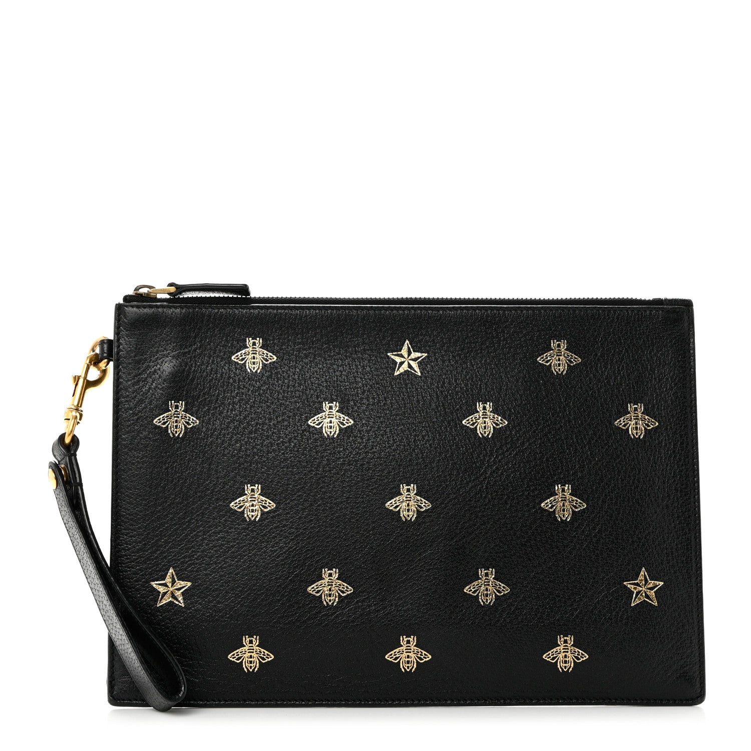 Gucci Dollar Calfskin Boar Effect Bee Star Zip Wristlet Pouch Black 1 of 7