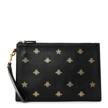 Gucci Dollar Calfskin Boar Effect Bee Star Zip Wristlet Pouch Black 1 of 7