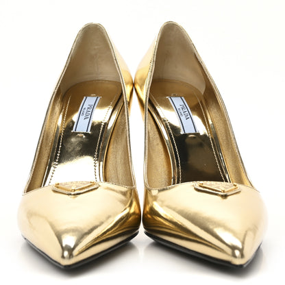 Prada Spazzolato Metal Triangle Logo Pointed Toe 85mm Pumps 38.5 Platino 3 of 9