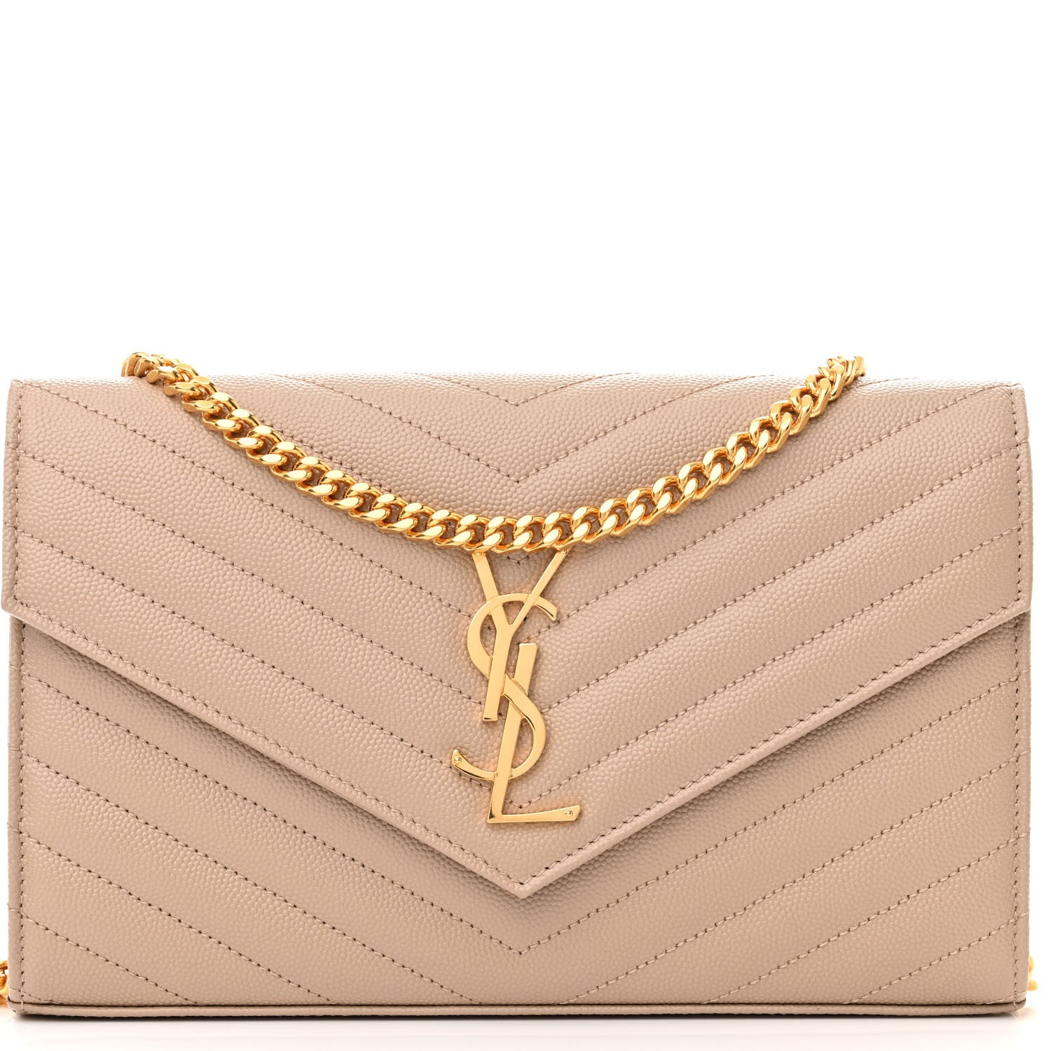 Saint Laurent Grain De Poudre Matelasse Chevron Monogram Chain Wallet Dark Beige 8 of 11