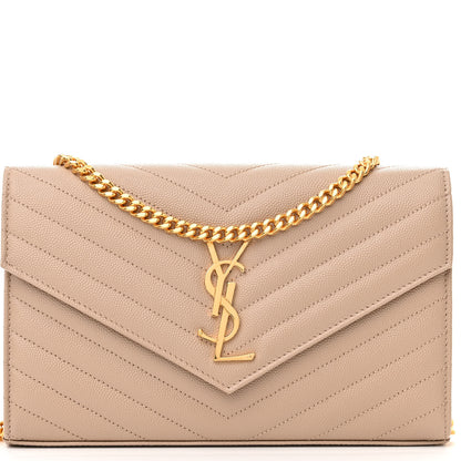 Saint Laurent Grain De Poudre Matelasse Chevron Monogram Chain Wallet Dark Beige 8 of 11