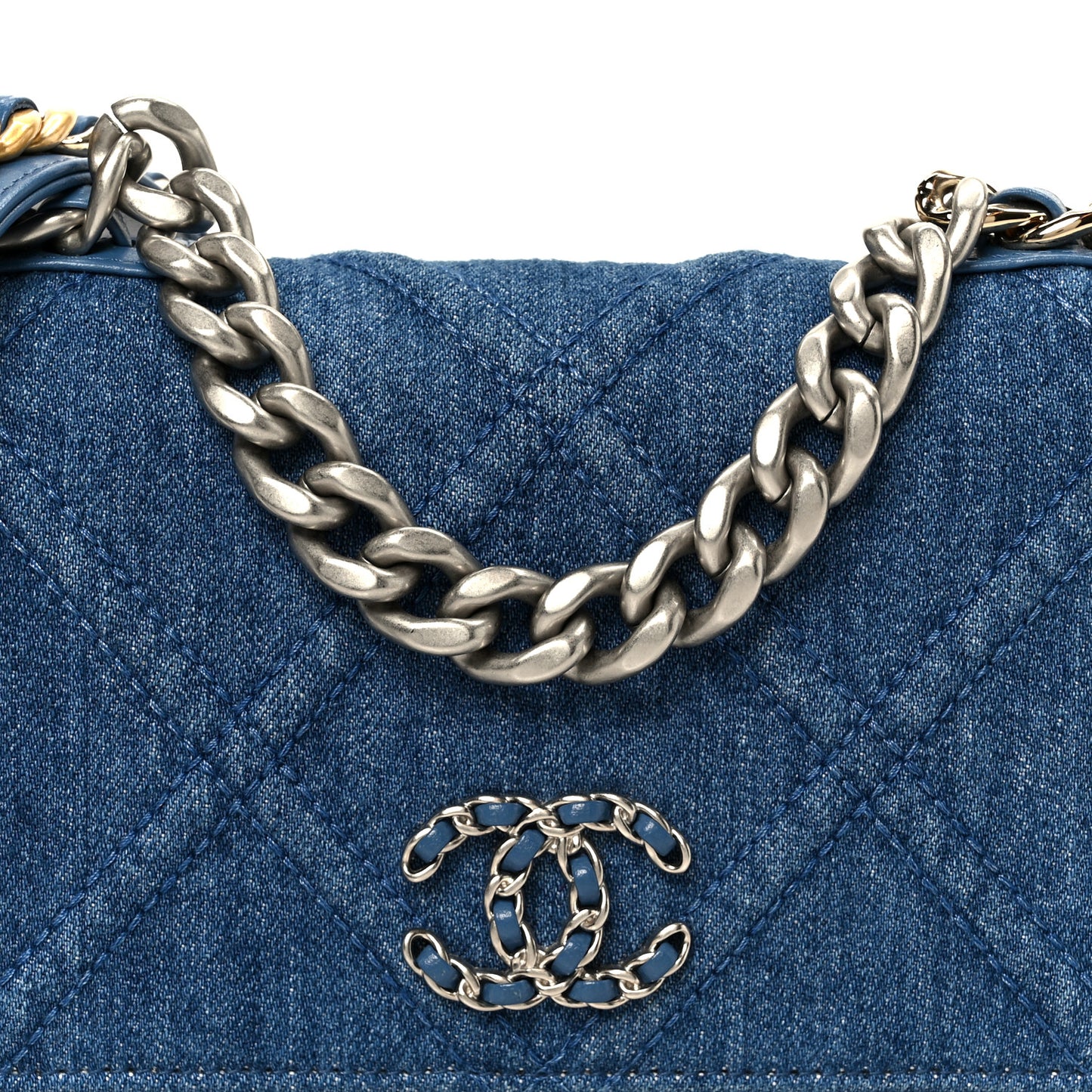 Denim Quilted Chanel 19 Wallet On Chain WOC Blue