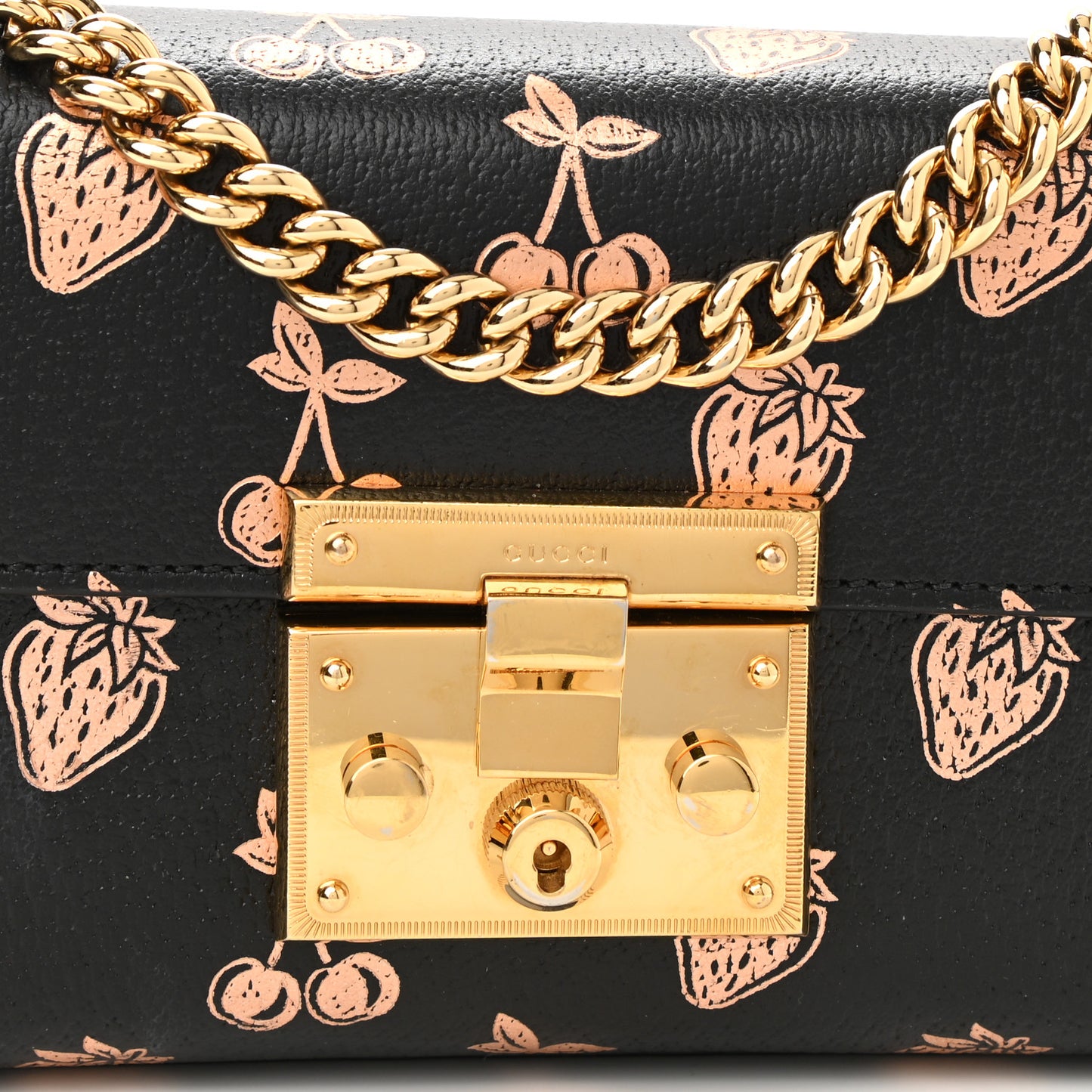 Textured Dollar Calfskin Berry Print Small Padlock Shoulder Bag Black Light Copper