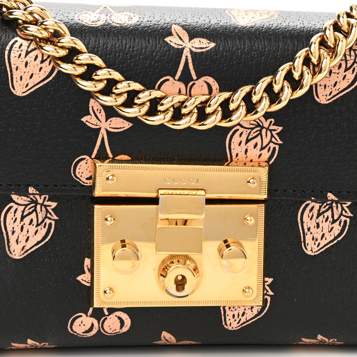 Gucci Textured Dollar Calfskin Berry Print Small Padlock Shoulder Bag Black Light Copper 8 of 10