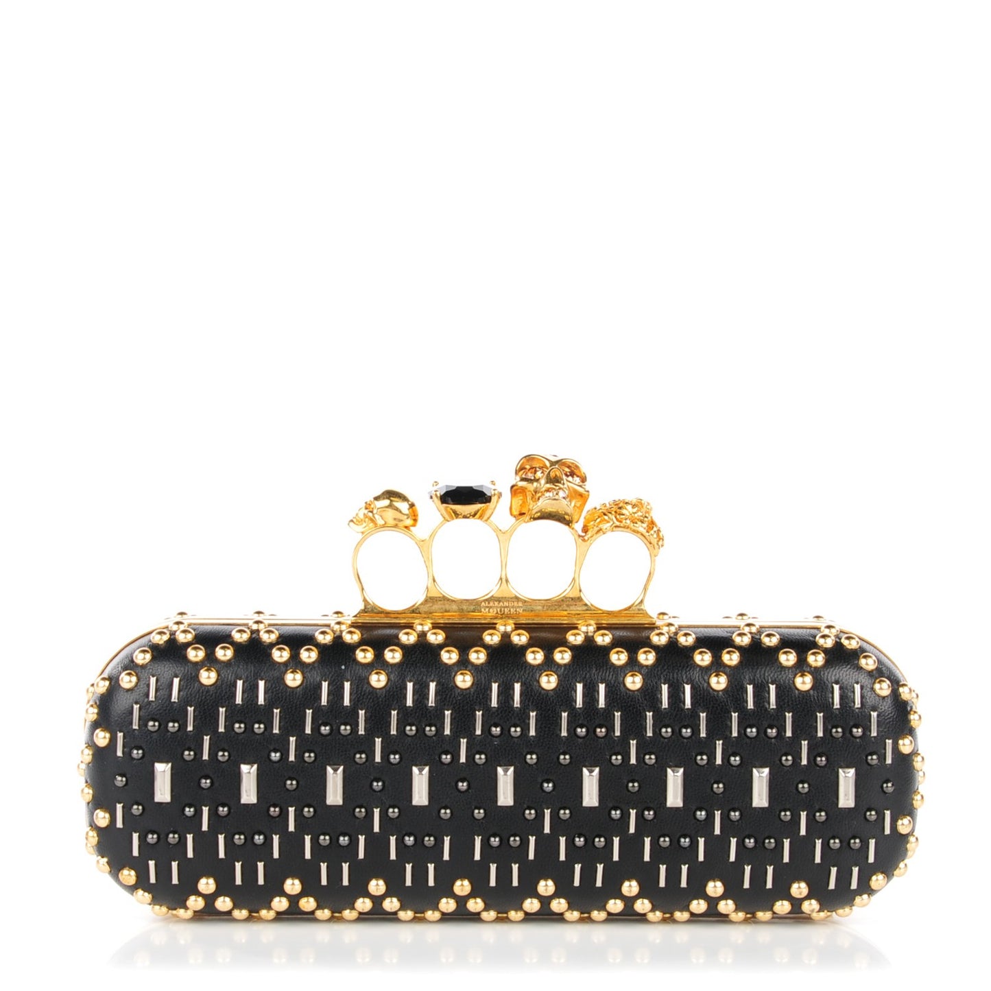 Nappa Studded Long Skull Knuckle Box Clutch Black
