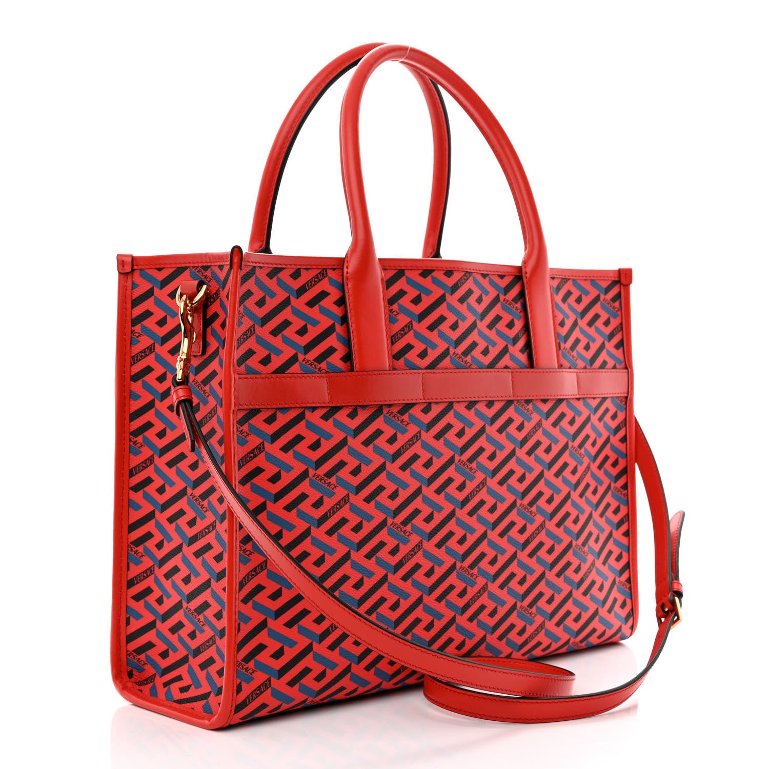 Versace Coated Canvas Calfskin La Greca Signature Tote Bag Blue Red 3 of 9