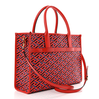 Versace Coated Canvas Calfskin La Greca Signature Tote Bag Blue Red 3 of 9