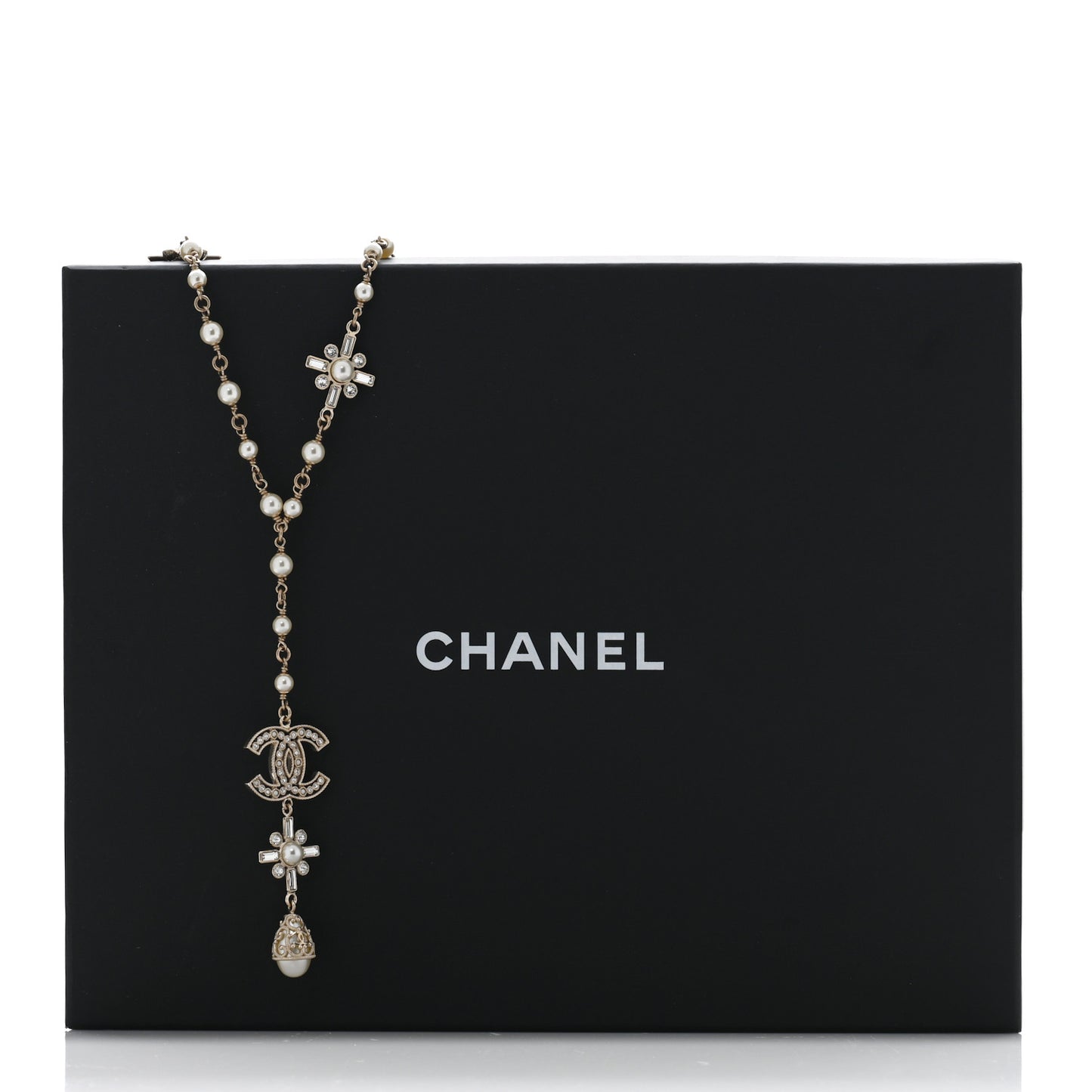 Crystal Baguette Pearl CC Cross Drop Necklace Gold
