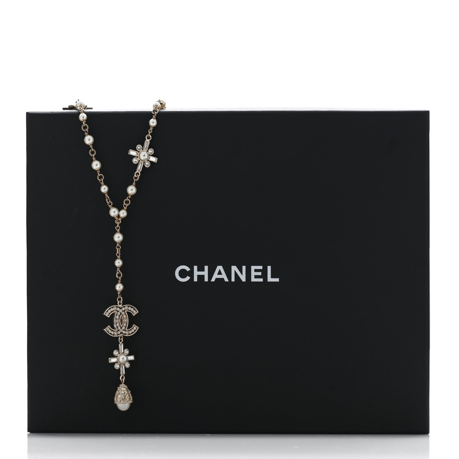 Chanel Crystal Baguette Pearl CC Cross Drop Necklace Gold 5 of 5