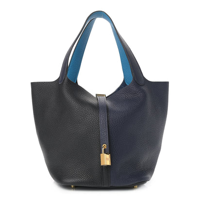 Hermes Taurillon Clemence Casaque Picotin Lock 22 MM Bleu Nuit Black Blue Frida 1 of 9
