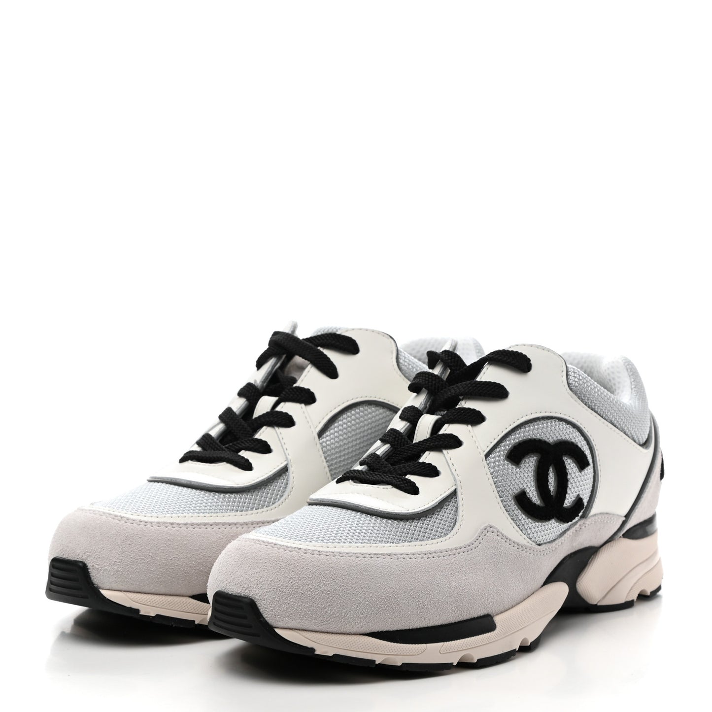Mesh Suede Calfskin Womens CC Sneakers 40.5 White Silver Light Grey