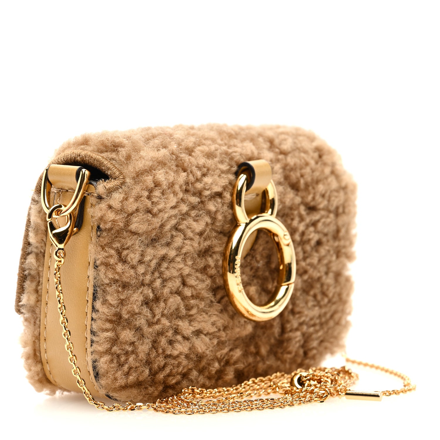 Fendi Curly Shearling Shiny Nappa Nano Baguette Charm Camel 2 of 9