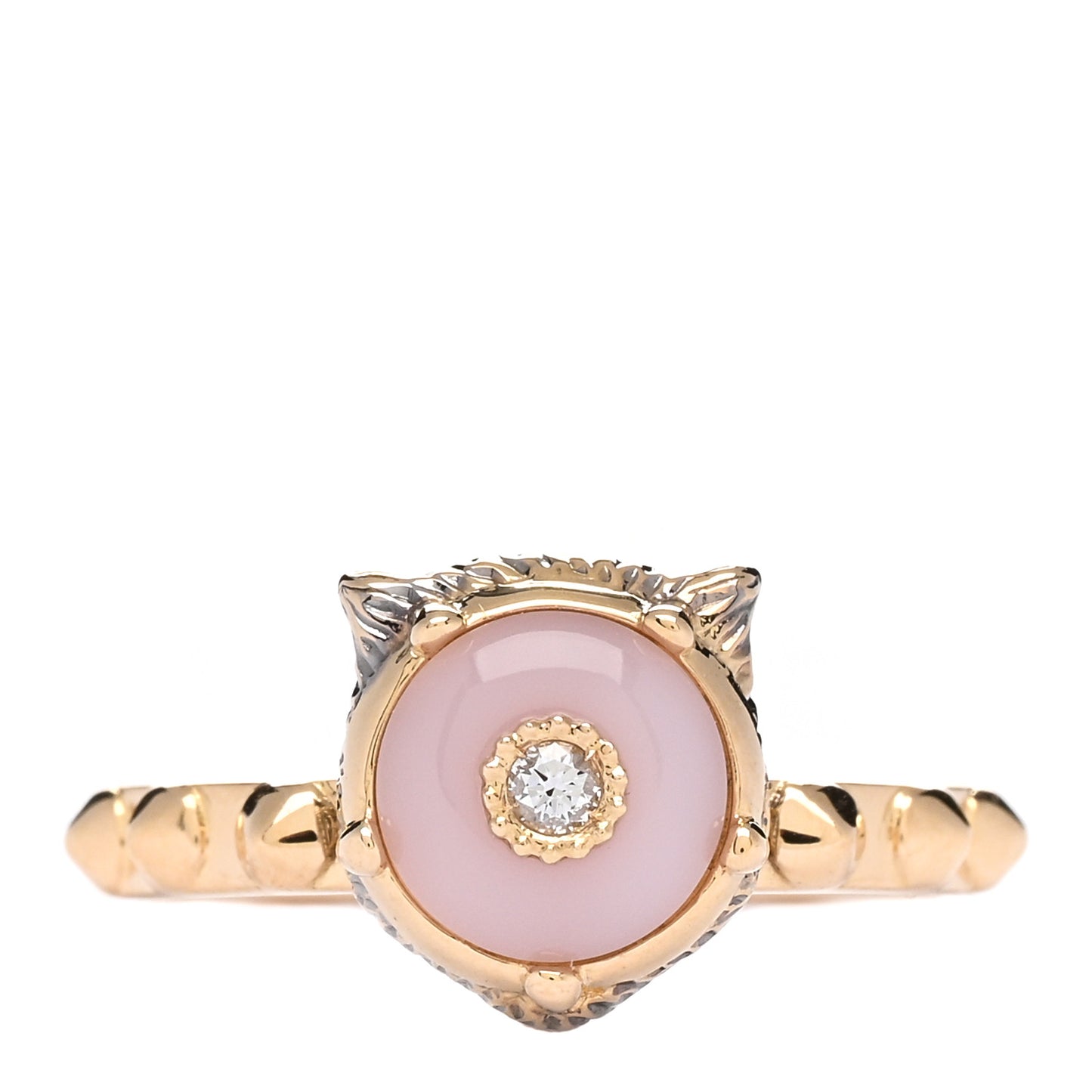 18K Yellow Gold Pink Opal Diamond Le Marché Des Merveilles Feline Ring 55 7.25