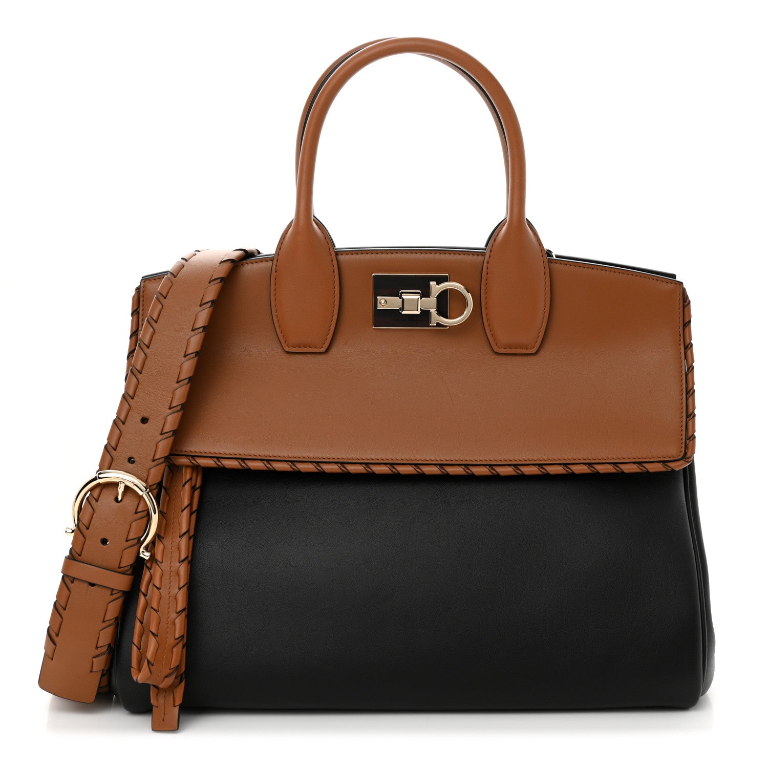 Salvatore Ferragamo Calfskin Woven Large Studio Top Handle Bag Tan Black 1 of 12