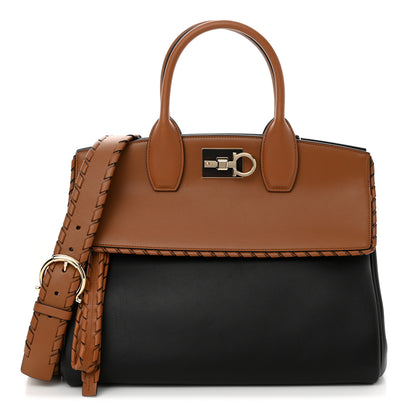 Salvatore Ferragamo Calfskin Woven Large Studio Top Handle Bag Tan Black 1 of 12