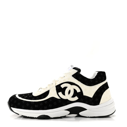Chanel Nylon Suede Calfskin Printed CC Sneakers 38 White Black 1 of 9