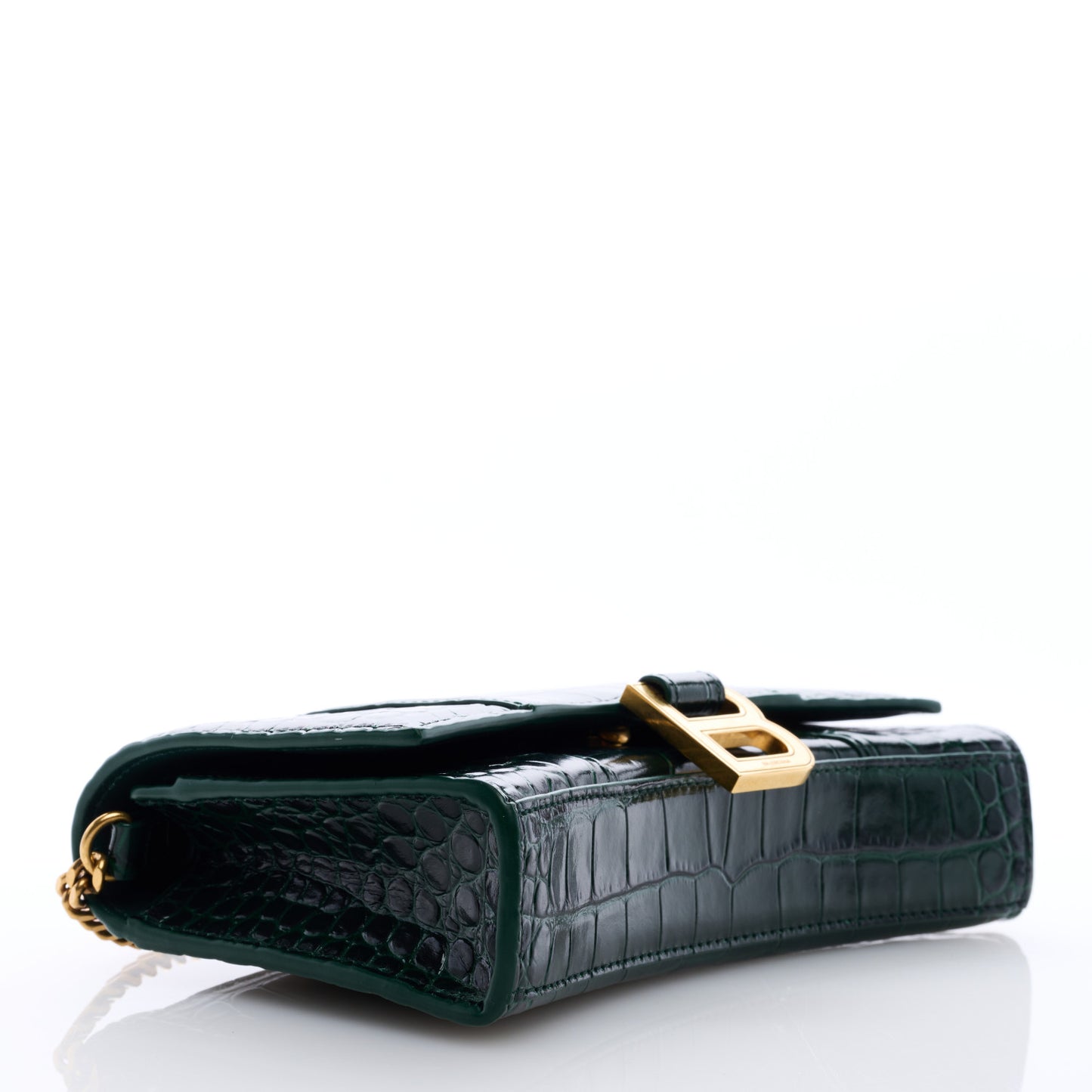 Shiny Calfskin Crocodile Embossed Hourglass Chain Bag Forest Green