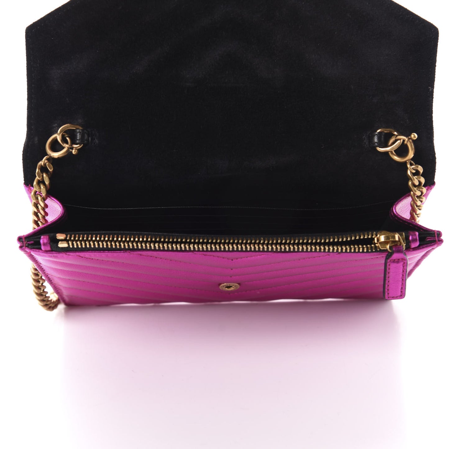 Metallic Calfskin Matelasse Chevron Monogram Envelope Chain Wallet Fuchsia