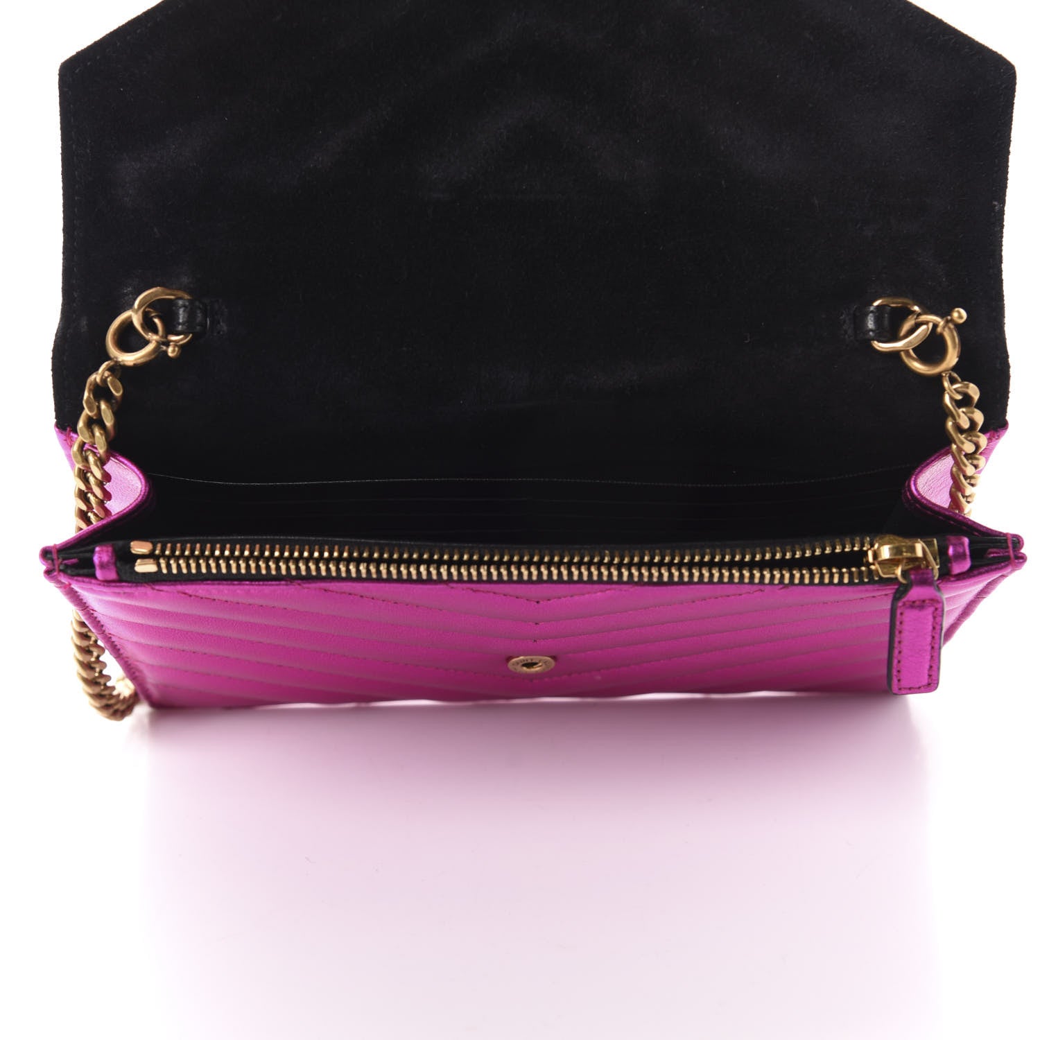 Saint Laurent Metallic Calfskin Matelasse Chevron Monogram Envelope Chain Wallet Fuchsia 5 of 9