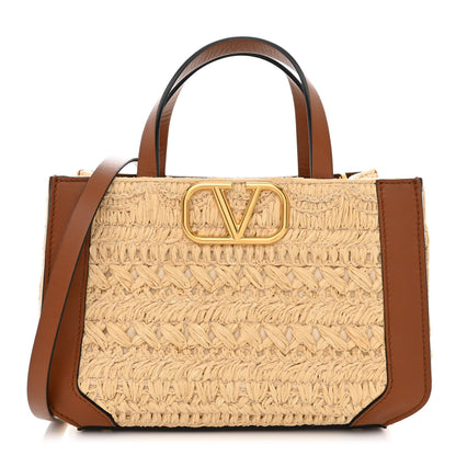 Valentino Garavani Raffia Calfskin Small Vlogo Signature Tote Natural Saddle Brown 1 of 9