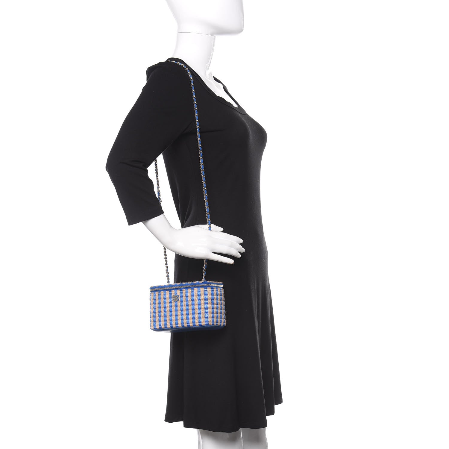 Chanel Raffia Jute Striped Small Vanity Case With Chain Blue Beige 2 of 10