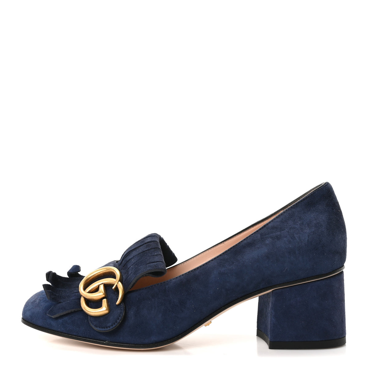 Kid Scamosciato GG Marmont Fringe 50mm Loafer Pumps 36.5 Blue Ink