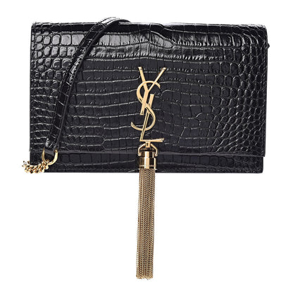 Saint Laurent Calfskin Crocodile Embossed Kate Monogram Tassel Chain Wallet Black 1 of 11