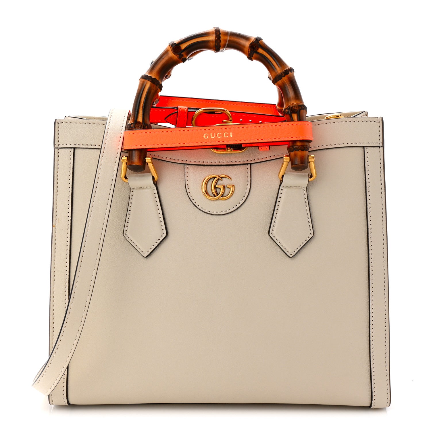 Gucci Wonka Grain Calfskin Small Diana Tote Bag Mystic White Orange Fluo 1 of 10