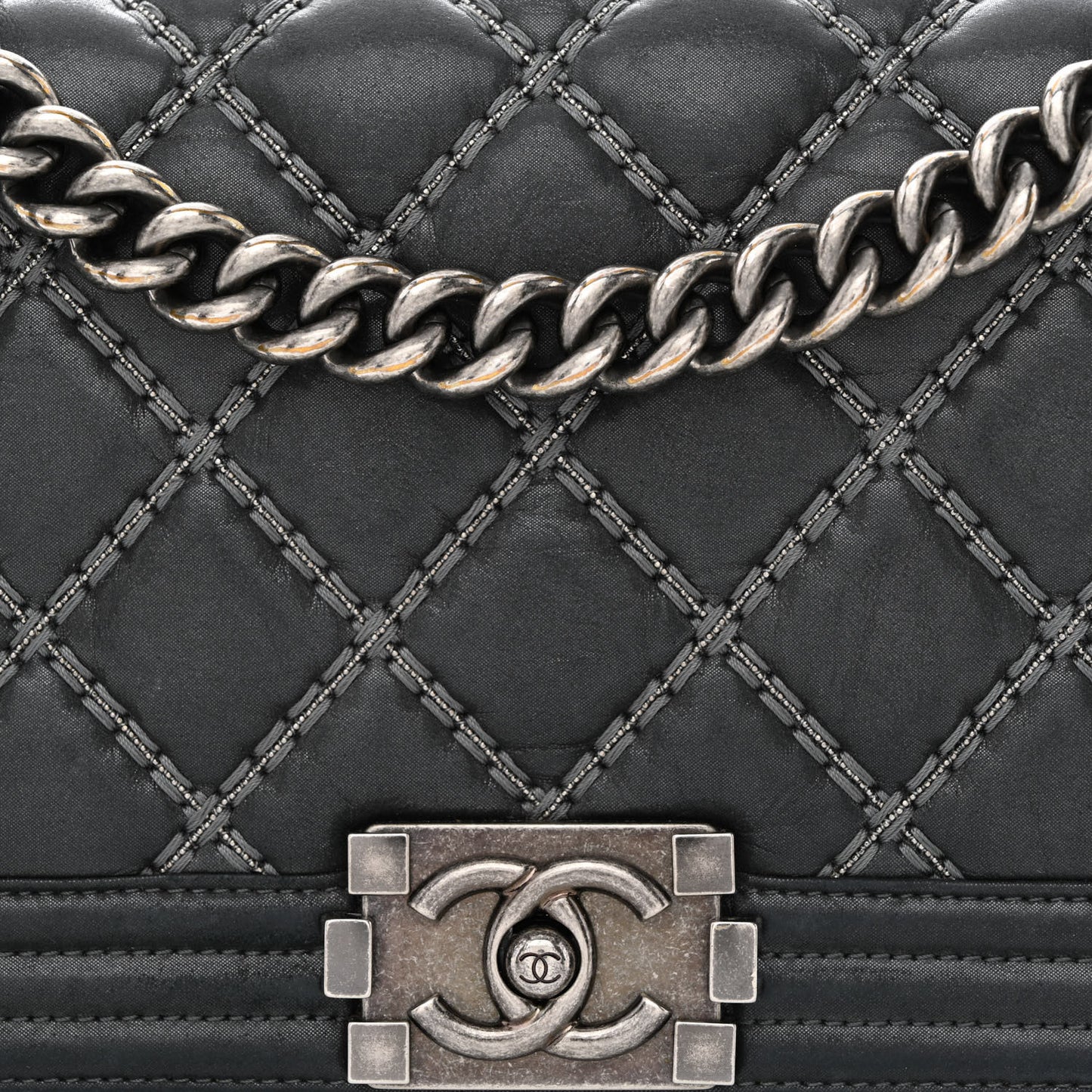Iridescent Calfskin Embellished Double Stitch Medium Boy Flap Black