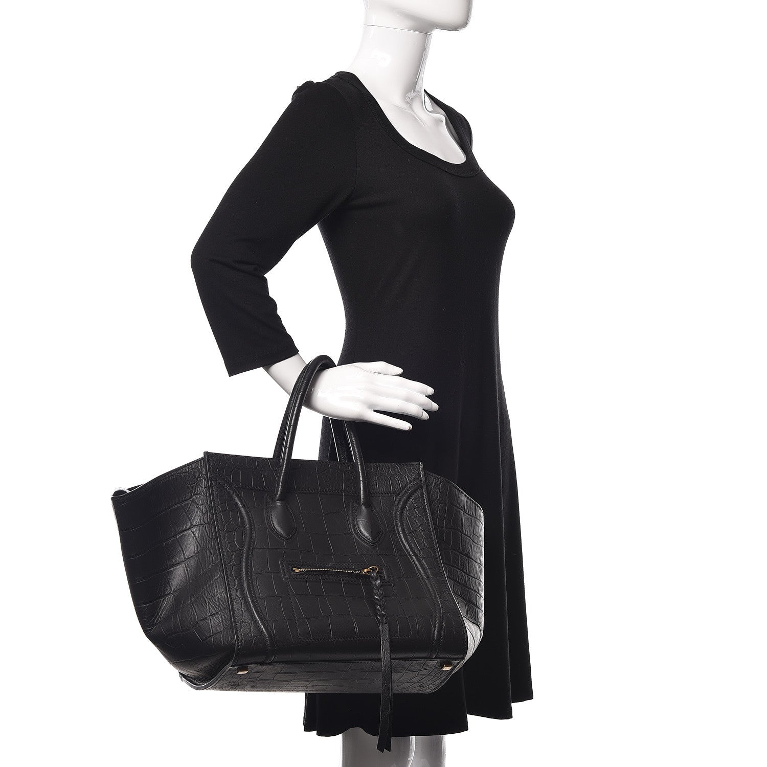 Celine Crocodile Embossed Calfskin Medium Phantom Luggage Black 2 of 9