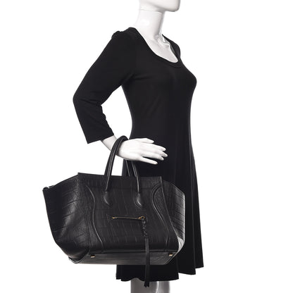 Celine Crocodile Embossed Calfskin Medium Phantom Luggage Black 2 of 9