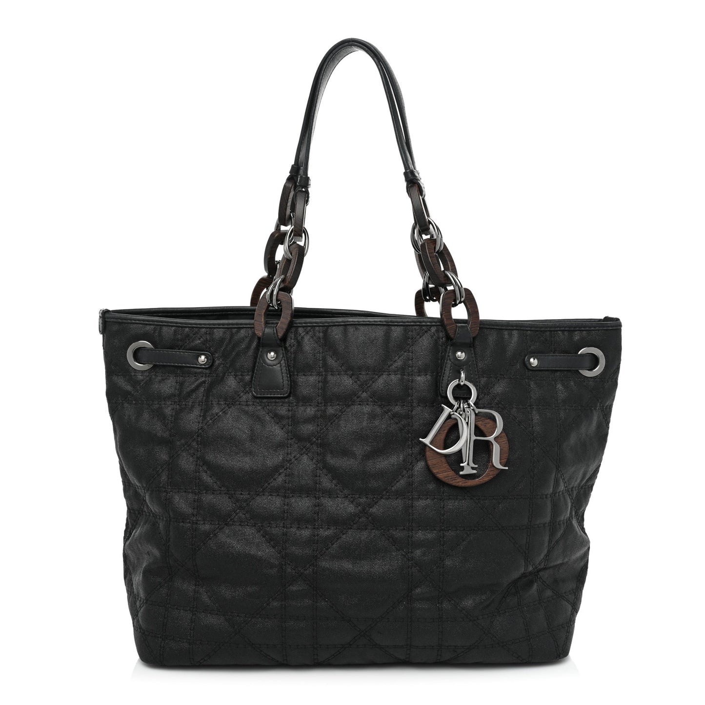 Coated Canvas Cannage Large Panarea Wood Tote Black