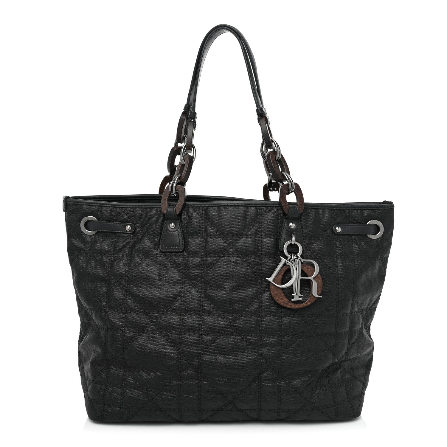 Christian Dior Coated Canvas Cannage Large Panarea Wood Tote Black 1 of 19