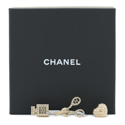 Chanel Metal Strass Crystal Quilted CC Heart Scissors Perfume Brooch Set Gold 6 of 6