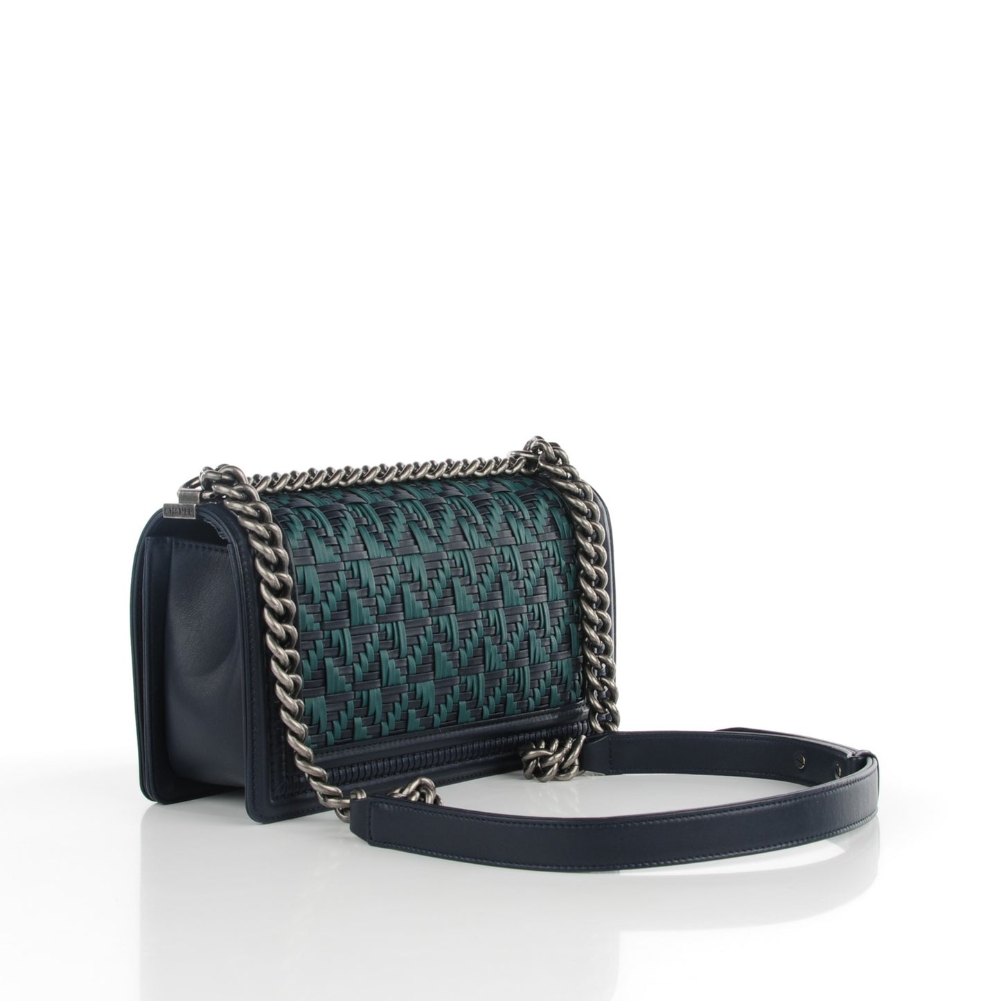 Calfskin Woven Medium Boy Flap Navy Green