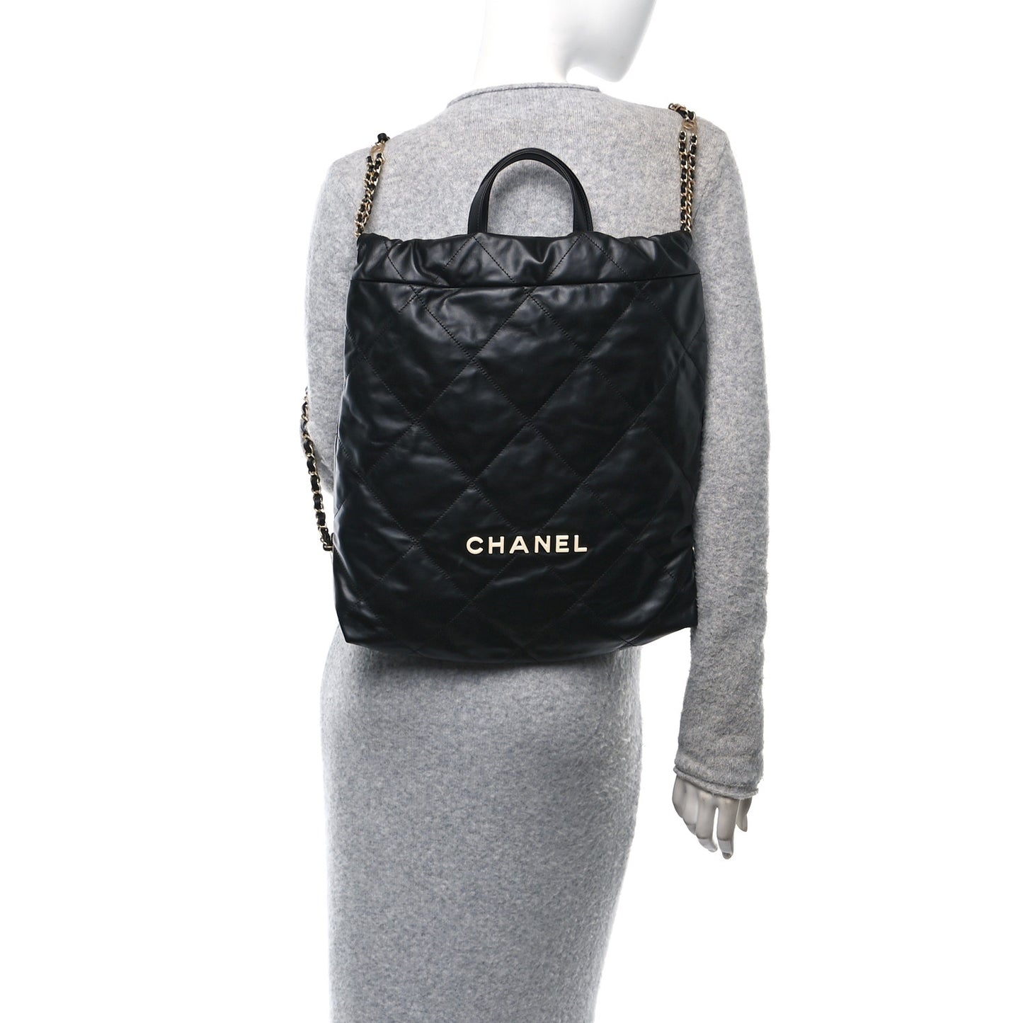 Shiny Calfskin Quilted Chanel 22 Backpack Black