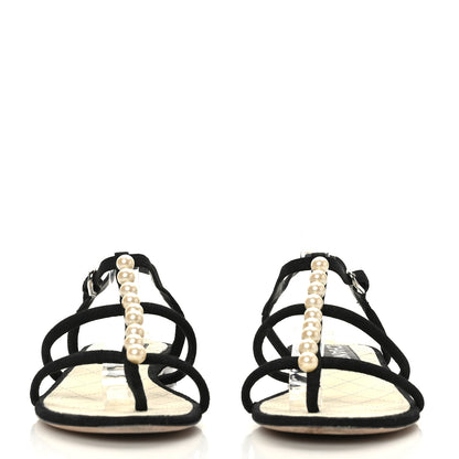 Chanel Suede Pearl CC Thong Sandals 36.5 Black 2 of 7