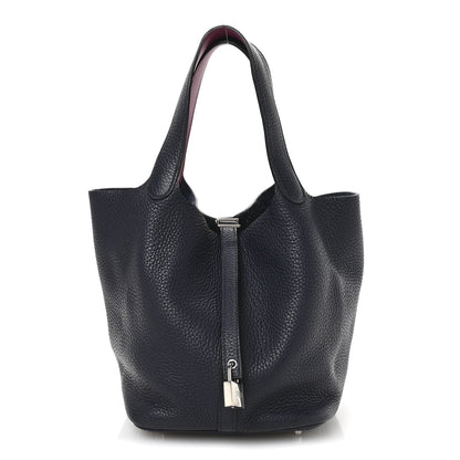 Hermes Taurillon Clemence Swift Eclat Picotin Lock 22 MM Bleu Nuit Rose Pourpre 1 of 12
