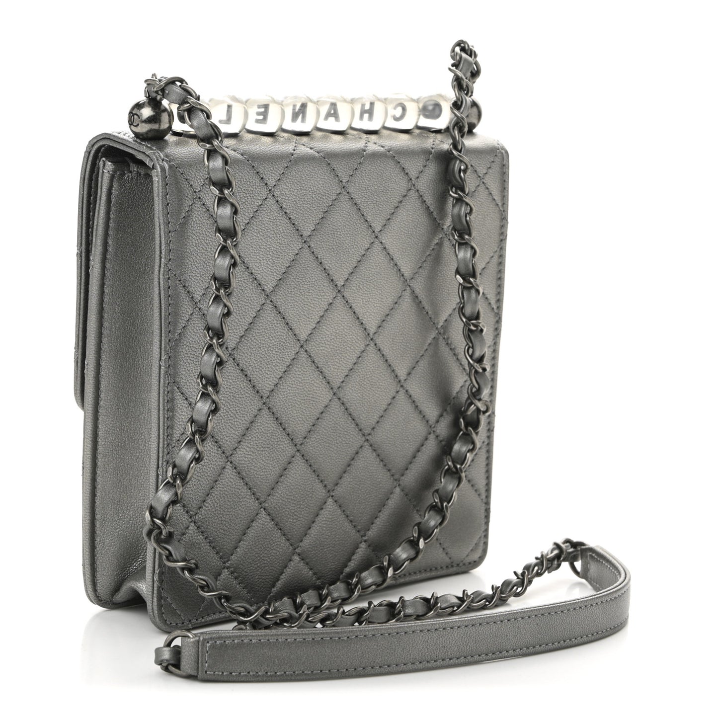 Metallic Goatskin Quilted Chic Pearls Flap Silver