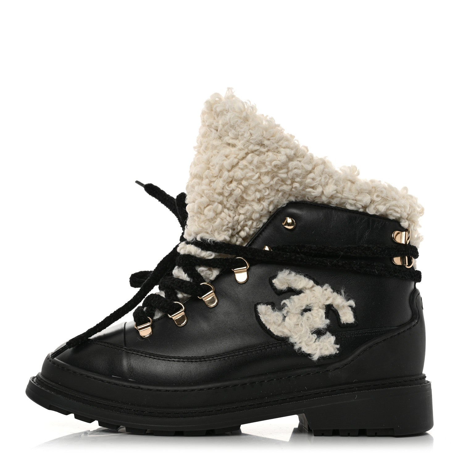 Chanel Calfskin Shearling CC Lace Up Boots 38 Black 1 of 8