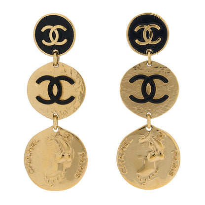 Chanel Enamel CC Disc Drop Medallion Earrings Gold Black 1 of 5