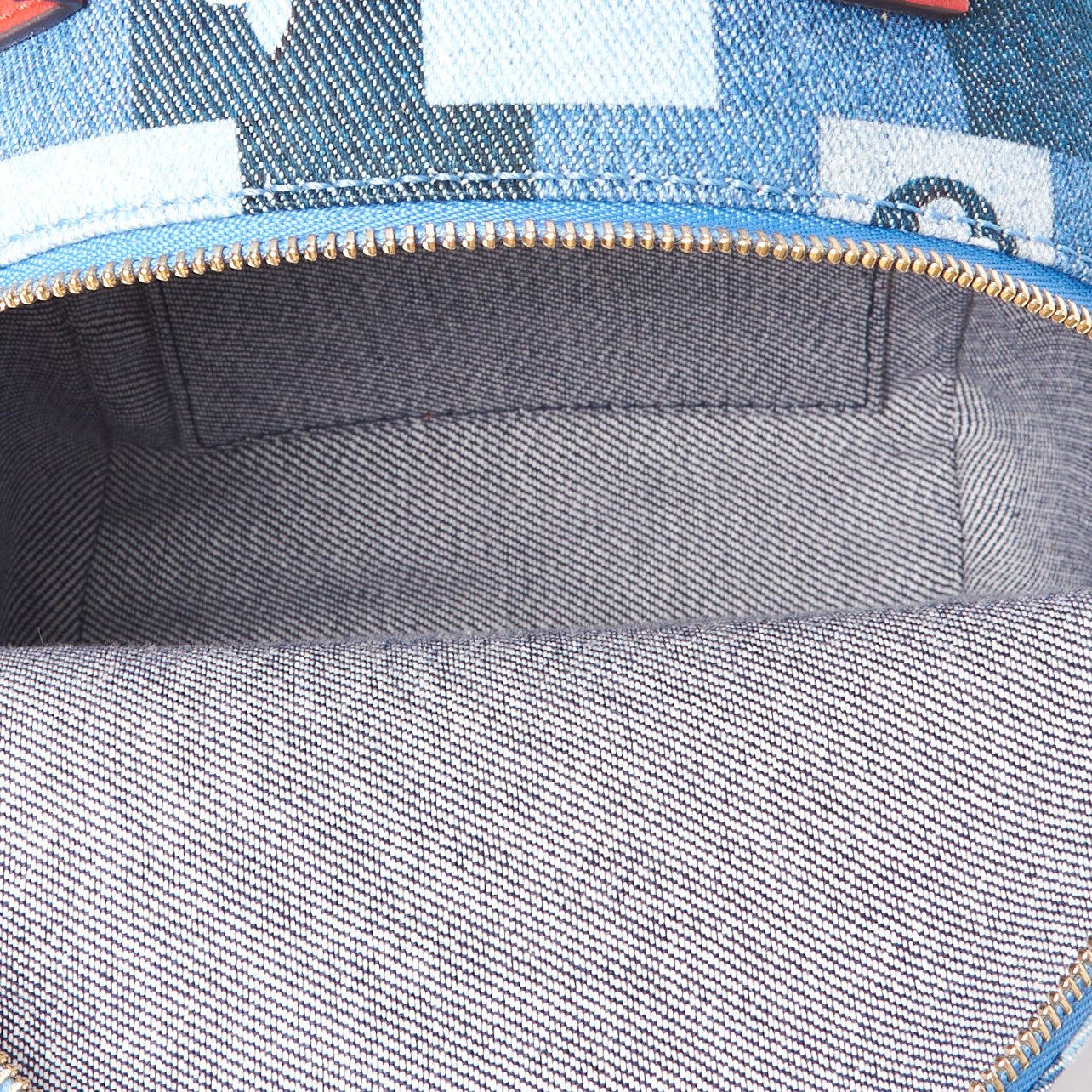 Denim Damier Monogram Patchwork Palm Springs Backpack Mini Blue Rouge