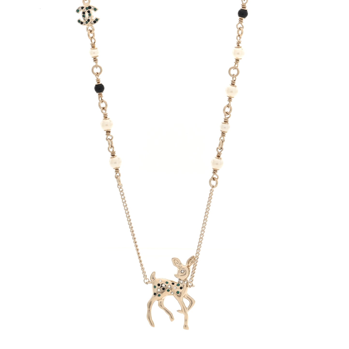 Pearl Crystal CC Deer Long Necklace Gold Green