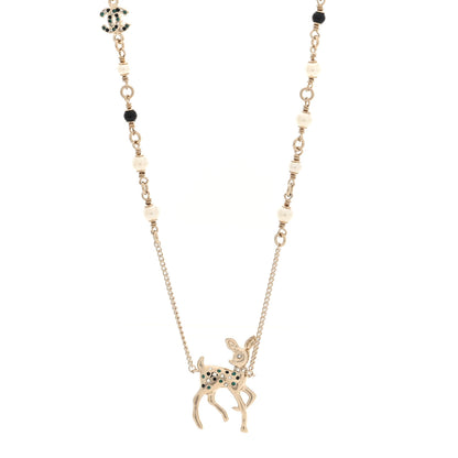 Chanel Pearl Crystal CC Deer Long Necklace Gold Green 1 of 5