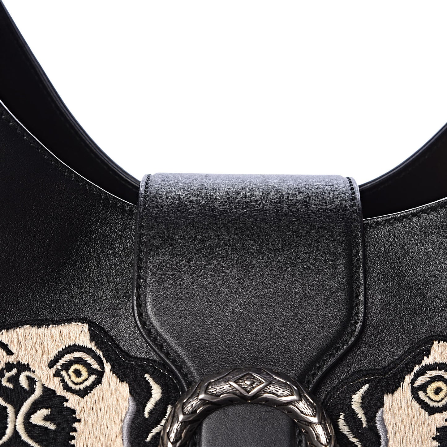 Calfskin Web Dog Embroidered Large Dionysus Hobo Black